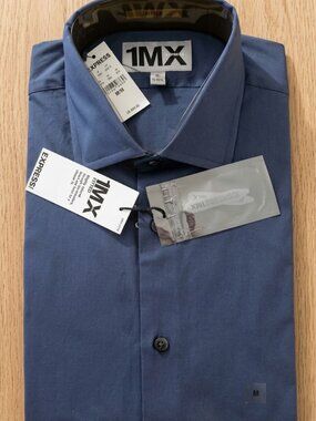 NWT Express 1MX Dress Shirt Mens M Fitted Ash Blue Long Sleeve Collared Stretch